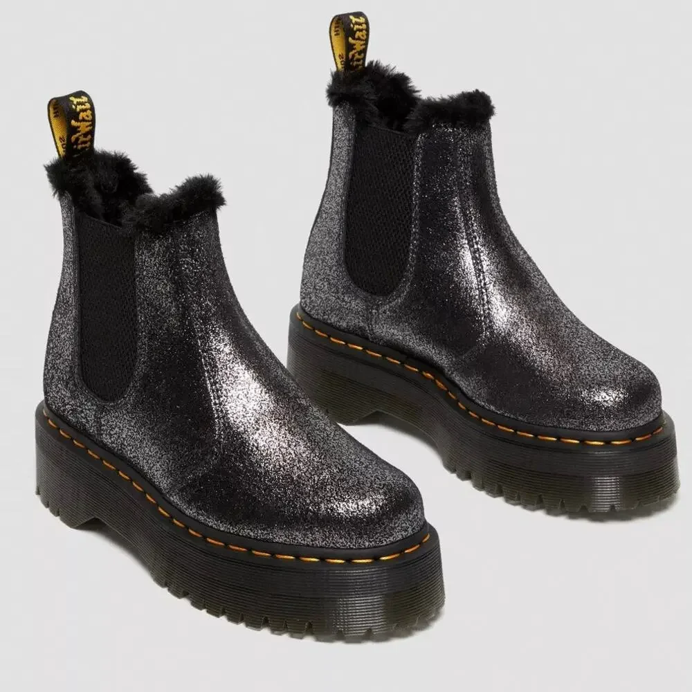 Dr Martens 2976 Quad Faux Fur Platform Chelsea Boot Black Metallic US 9 EU 41